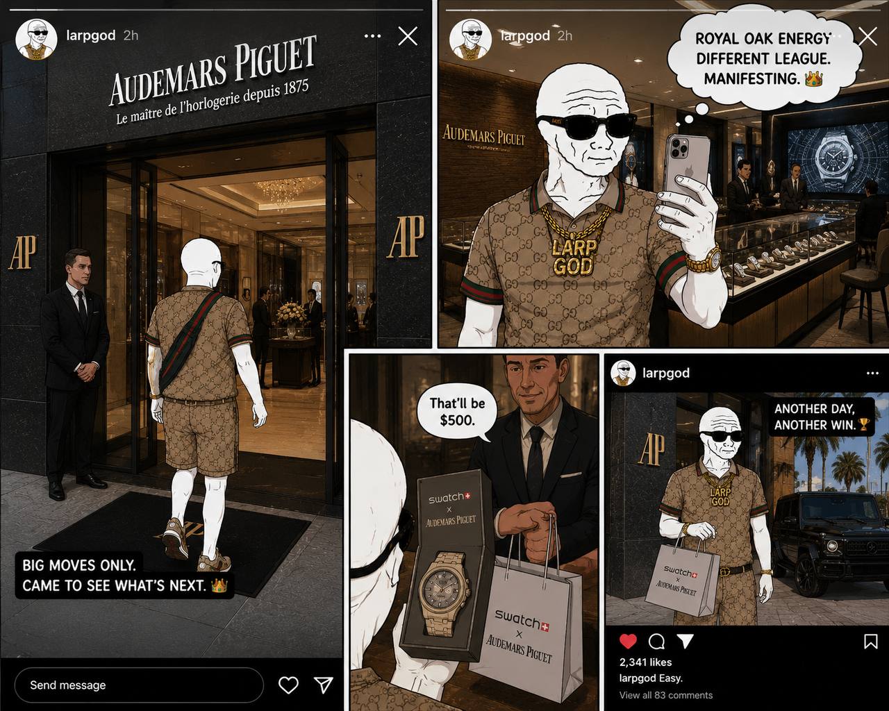 Social media collage of LARPGOD visiting a watch boutique.